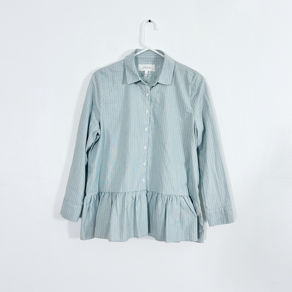 The Great. Shirt Women's Size 0 XS The Drop Ruffled Hem Oxford Stripe Shirt